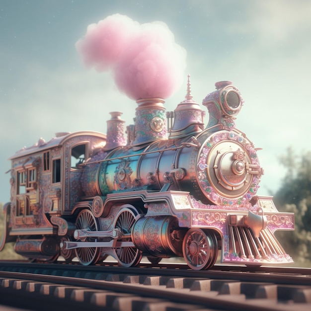 Un train coloré avec un nuage rose sur le devant.