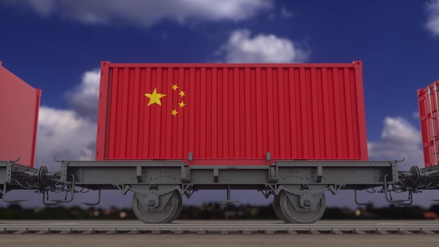 Train et conteneurs avec le drapeau de la Chine. Transport ferroviaire. rendu 3D.