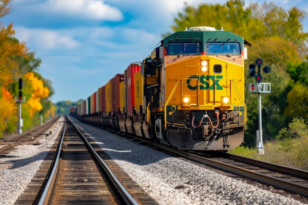 un train avec une couleur jaune et une forme de locomotive et une couverture de fret sur le devant