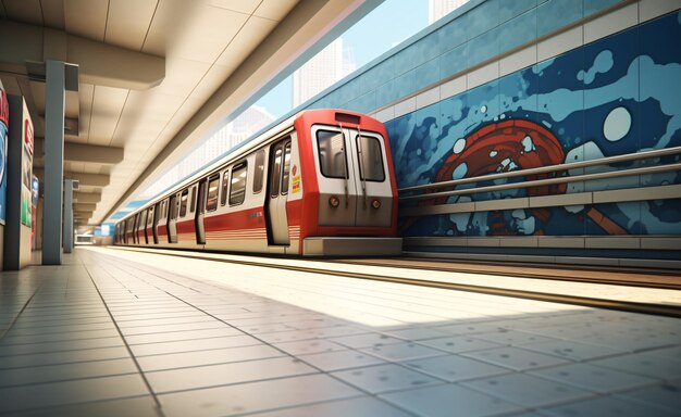 Photo un train dans une gare avec une peinture murale colorée sur le mur ia générative