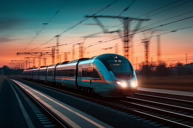 Un train descend les rails à grande vitesse