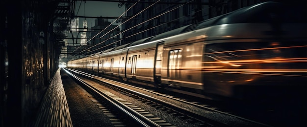 Un train descend les rails la nuit.