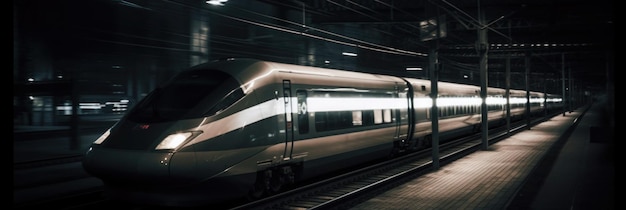 Un train descend les rails la nuit.