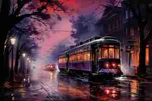 Photo un train descend les rails sous la pluie