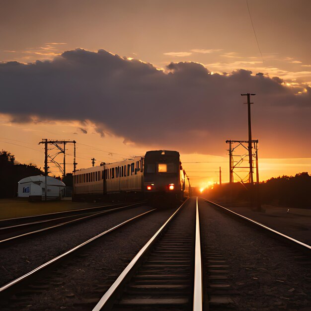 Un train descend les voies au coucher du soleil.