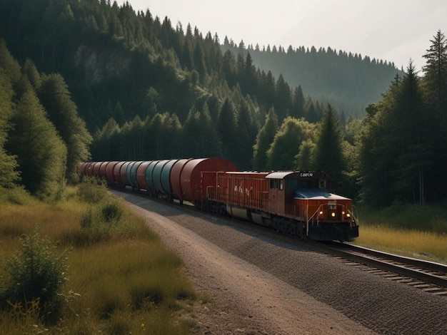 Photo un train descend les voies dans les bois.