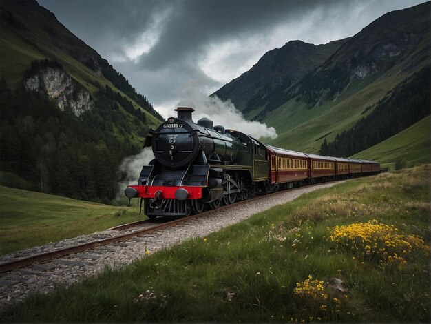 Photo un train descend les voies dans les montagnes.