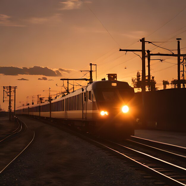 un train descend les voies avec le soleil qui se couche derrière lui