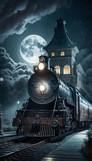 Un train devant un bâtiment avec la lune en arrière-plan.