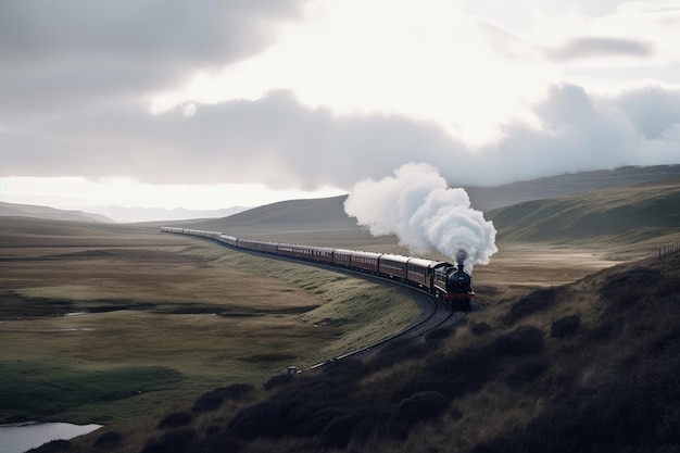 Train élégant et élégant à travers le paysage avec un nuage de vapeur créé avec une IA générative