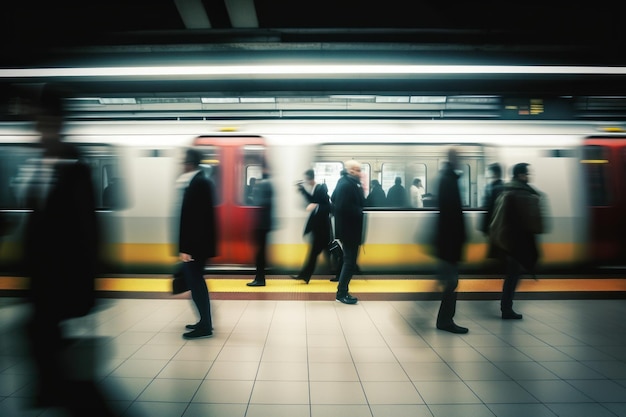 Un train est arrêté à une gare et les gens attendent le train.