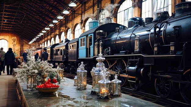 un train est dans un bâtiment avec une plante sur la table