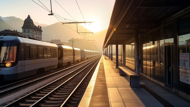 un train est dans une gare avec le soleil qui brille sur le toit.