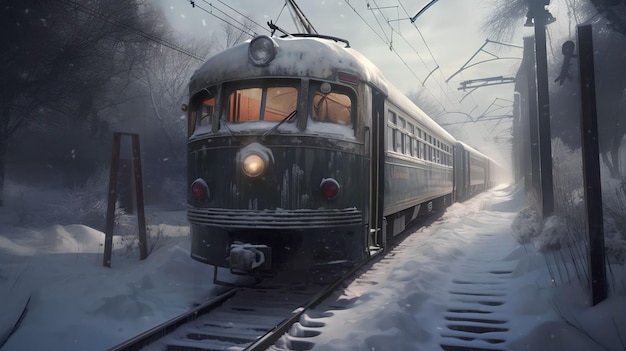 Un train est sur les rails dans la neige.