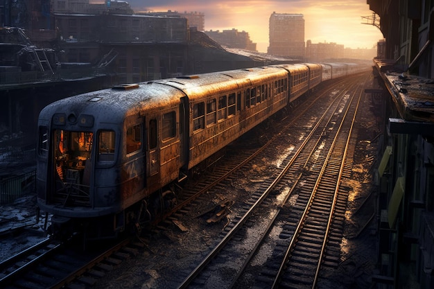 Un train est sur les rails devant un coucher de soleil.