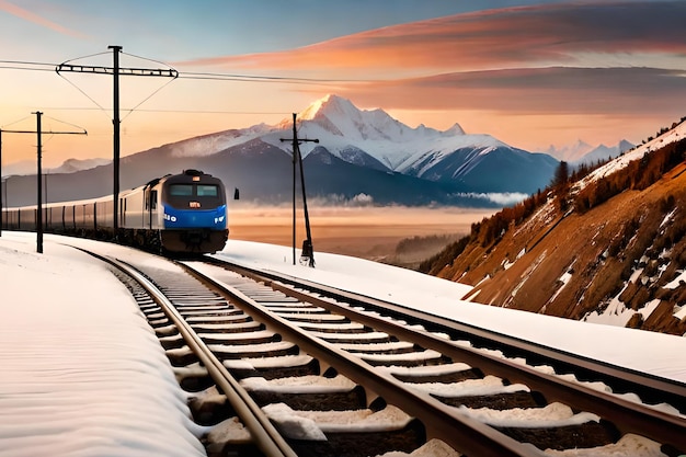 Un train est sur les rails devant une montagne enneigée.