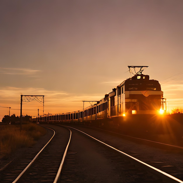 un train est sur les voies avec le soleil qui se couche derrière lui