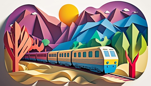 train en été illustration colorée dans un style de papier découpé IA générative