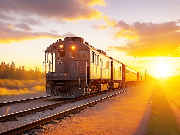 Le train sur le fond du coucher de soleil du chemin de fer a généré