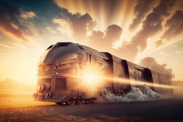 Train de fret futuriste du futur avec fumée blanche et rayons sur fond de coucher de soleil créé avec