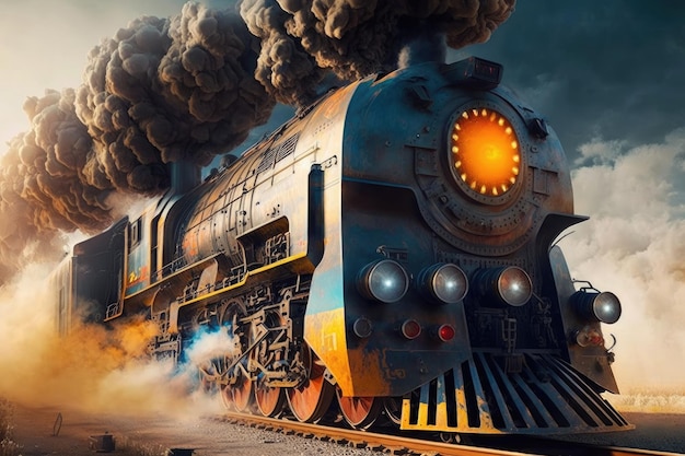 Train de fret futuriste du futur avec une puissante locomotive avec de la fumée de cheminées créée avec le gène
