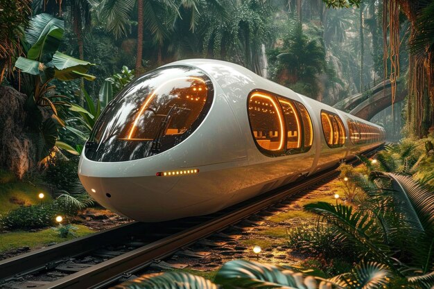 Un train futuriste glissant à travers une forêt tropicale luxuriante en plein jour