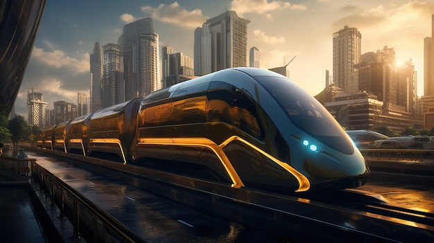 Un train futuriste voyage à travers un paysage urbain moderne avec de hauts bâtiments et un coucher de soleil doré en arrière-plan