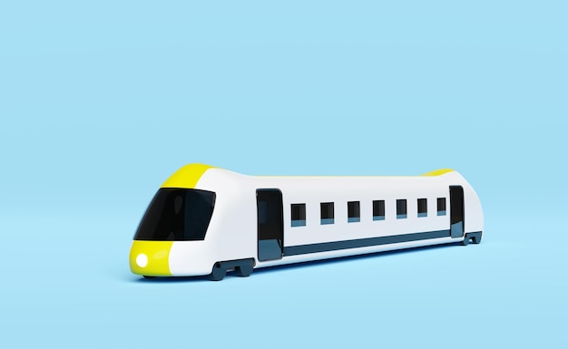 Train à grande vitesse 3d dessin animé jaune blanc ciel train de transport jouet voyage d'été service de planification voyageur tourisme train isolé sur fond bleu illustration de rendu 3d