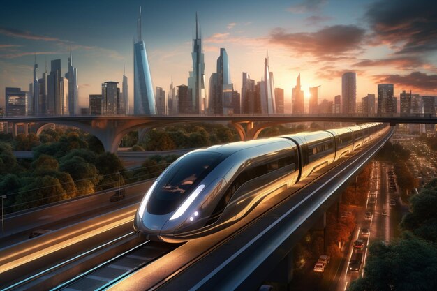 Un train à grande vitesse éclaire l'horizon d'une ville futuriste au crépuscule.