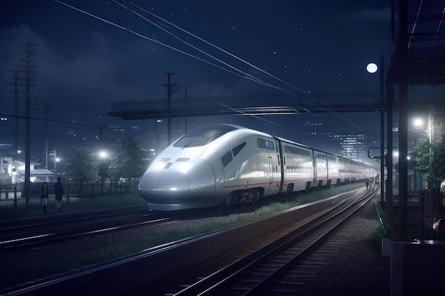 Train à grande vitesse à la gare de nuit Generate Ai