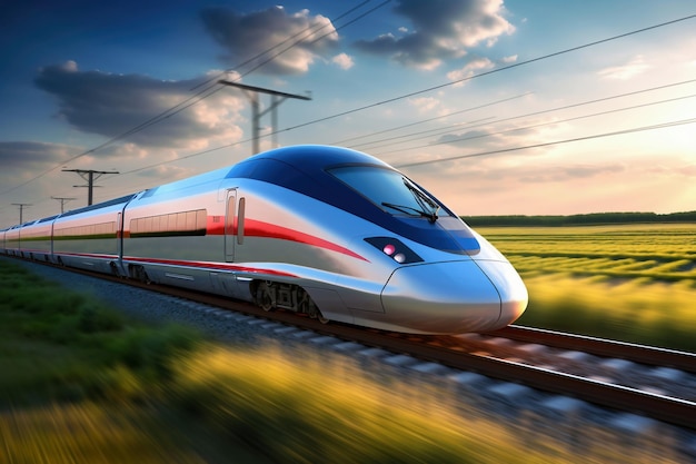 Un train à grande vitesse moderne se déplace le long des voies ferrées sur fond de champ au coucher du soleil. Transport ferroviaire à grande vitesse