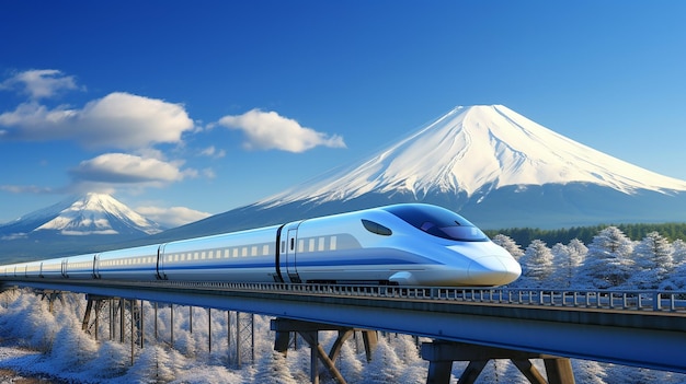 Photo un train à grande vitesse avec le mont fuji, l'icône du japon, en arrière-plan.