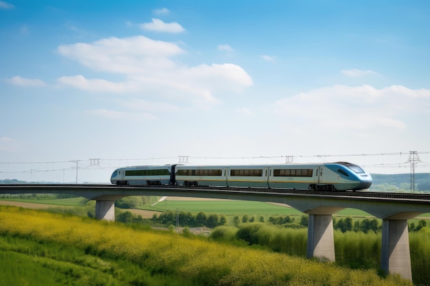 Le train à grande vitesse passe devant le pont avec vue sur la campagne visible à travers les fenêtres