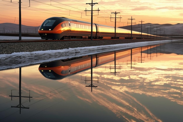 Train à grande vitesse réfléchi dans l'eau près des voies créées avec des ai génératifs