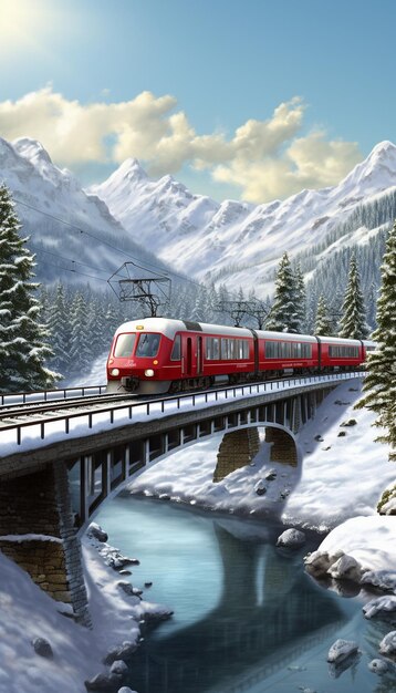 Le train à grande vitesse se déplace le long du pont sur le fond de montagnes enneigées