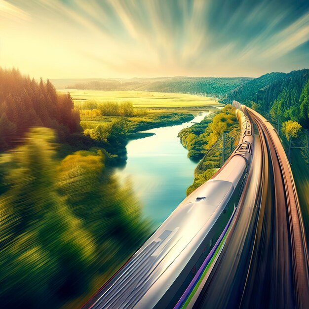 Un train à grande vitesse traversant un beau paysage avec une rivière et une forêt