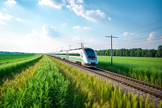 Train à grande vitesse traversant le champ de blé vert au printemps Generative AI