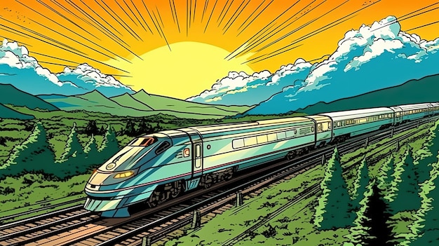 Un train à grande vitesse traversant une forêt Concept fantastique Peinture d'illustration