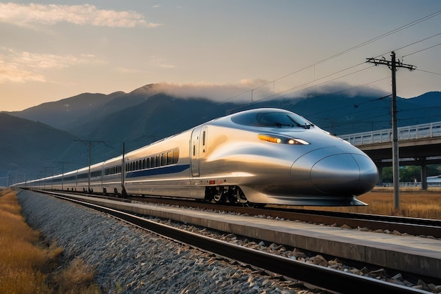 Le train à grande vitesse sur des voies avec des montagnes