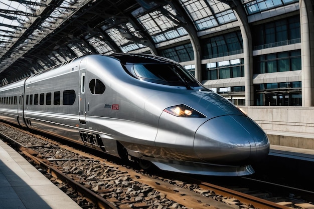 Le train à grande vitesse sur des voies avec des montagnes