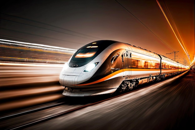 Train à grande vitesse voyageant la nuit photo sur le transport ferroviaire à vitesse d'obturation