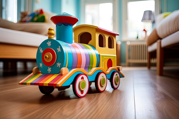 Train jouet en bois coloré sur le sol de la chambre des enfants