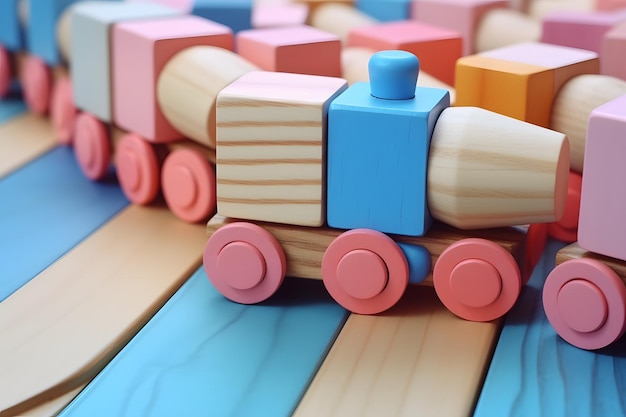 Photo train jouet en bois vibrant sur une table colorée pour le temps de jeu et les activités d'apprentissage ia générative