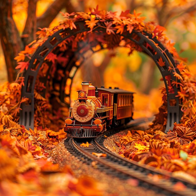 Photo un train de jouets est sur une voie avec des feuilles d'automne