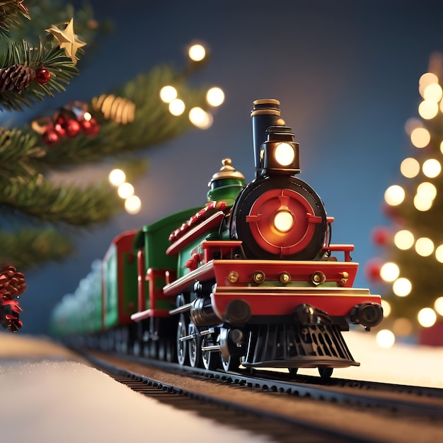 Un train de jouets qui tourne autour d'un arbre de Noël