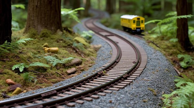 Photo un train de jouets voyageant à travers une forêt verte luxuriante