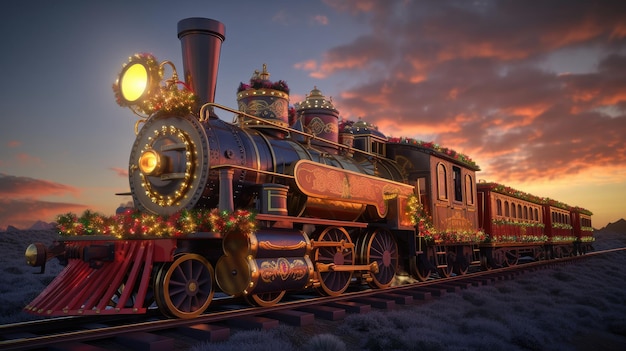 Un train avec des lumières de Noël dessus