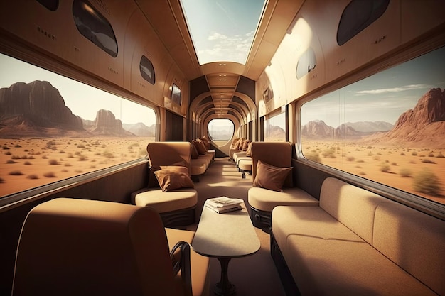 Train de luxe avec intérieur moderne et lignes épurées traversant un paysage pittoresque