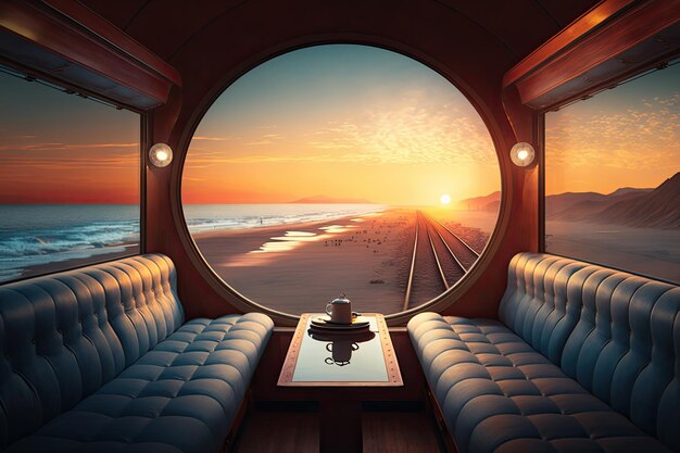 Photo train de luxe avec vue sur le lever du soleil sur l'océan pendant un long voyage à travers le continent