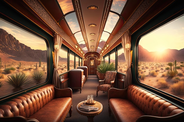 Train de luxe avec vue panoramique sur les collines et les montagnes au coucher du soleil